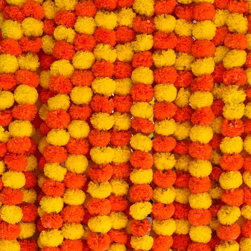 DIYANA IMPEX Marigold Garland for Decoration 5 Pcs of 5 feet Long Strands Artificial Marigold Flowers, Indian Décor for Pooja, Wedding Christmas, Events Decorations - Image 1